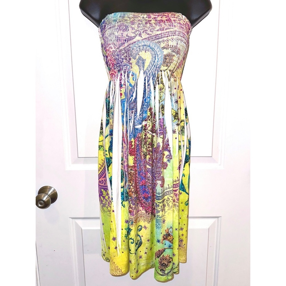 S-12 colorful strapless dress embellished with rhinestones